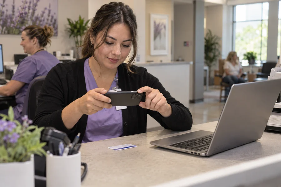 Medical receptionist photographing an insurance card with a phone