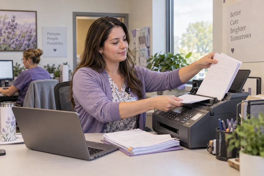 Referral coordinator feeding documents into a desktop fax scanner