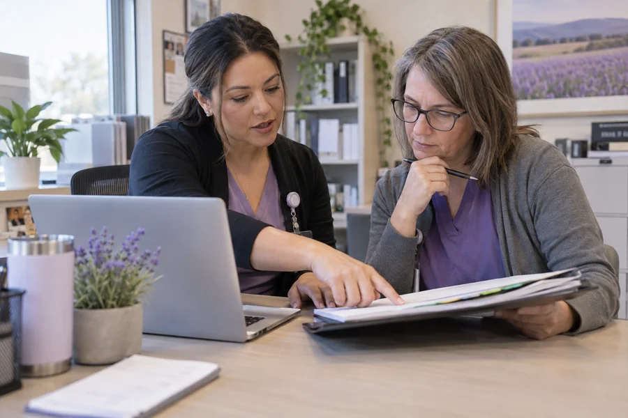 Care coordinators reviewing insurance guidance at a laptop