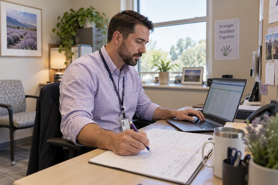 Care coordinator updating a referral spreadsheet and desk calendar